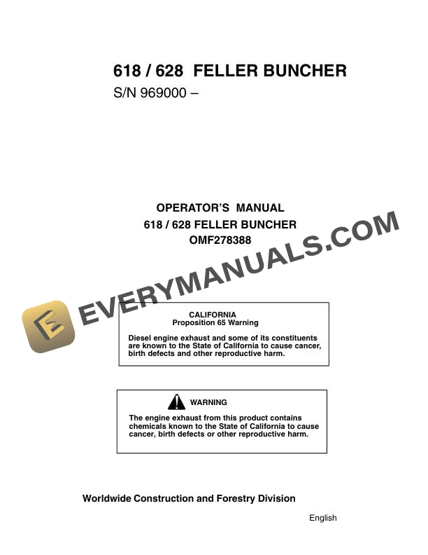 John Deere 618, 628 Feller Buncher Operator Manual OMF278388