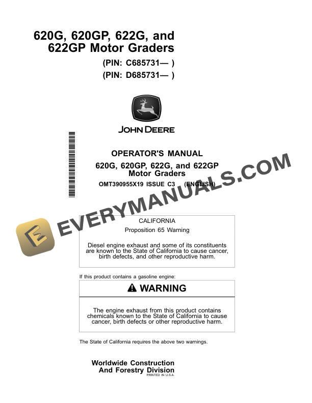 John Deere 620G 620GP 622G 622GP Motor Grader Operator Manual OMT390955X19