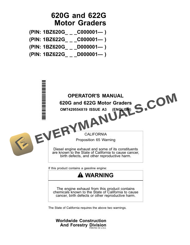 John Deere 620G, 622G Motor Grader Operator Manual OMT429554X19