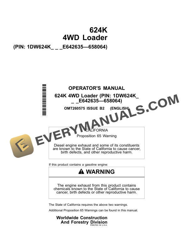 John Deere 624K 4WD Loader Operator Manual OMT260575 1 John Deere 624K 4WD Loader Operator Manual OMT260575