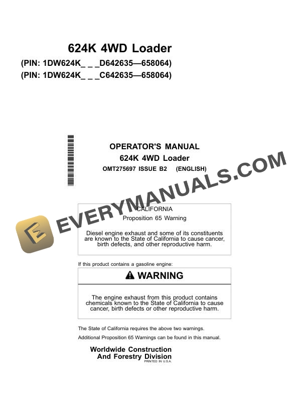 John Deere 624K 4WD Loader Operator Manual OMT275697