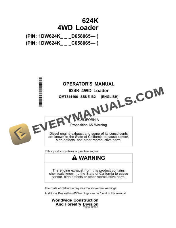 John Deere 624K 4WD Loader Operator Manual OMT344166