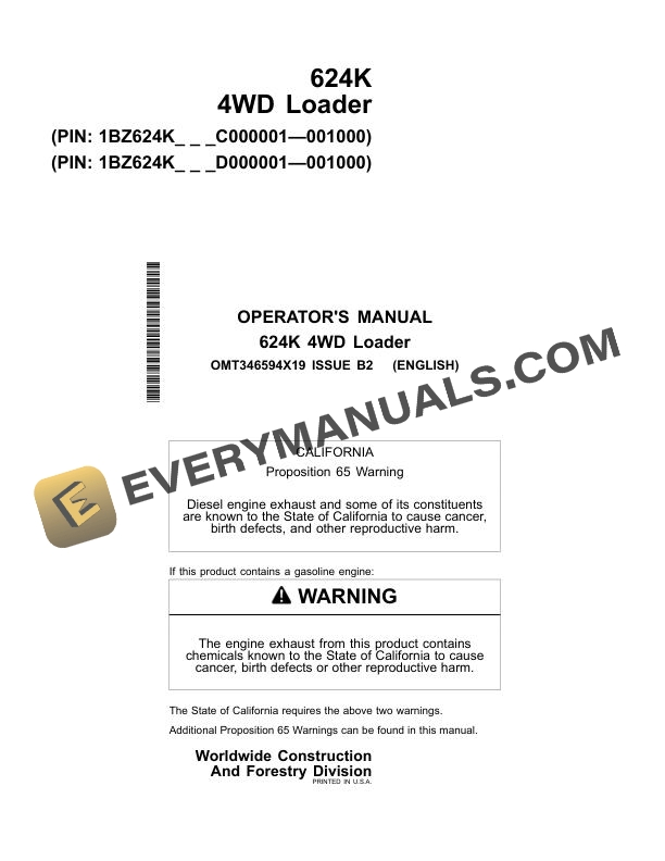 John Deere 624K 4WD Loader Operator Manual OMT346594X19