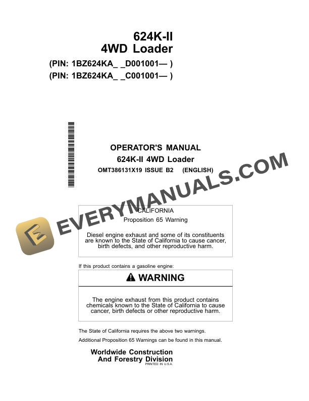 John Deere 624K-II 4WD Loader Operator Manual OMT386131X19