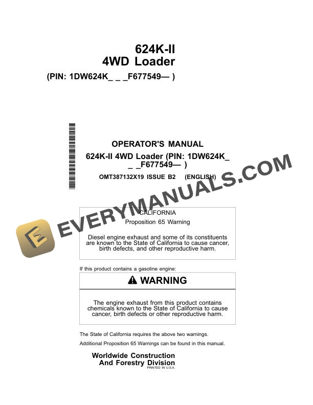 John Deere 624K-II 4WD Loader Operator Manual OMT387132X19