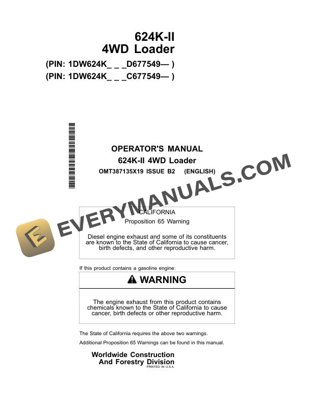 John Deere 624K II 4WD Loader Operator Manual OMT387135X19