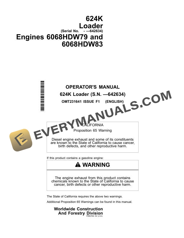 John Deere 624K Loader Operator Manual OMT231641