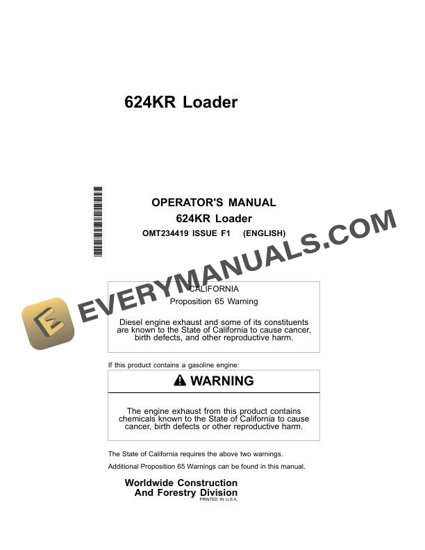 John Deere 624KR Loader Operator Manual OMT234419