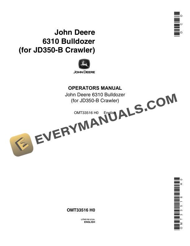 John Deere 6310 Bulldozer (for JD350-B Crawler) Operator Manual OMT33516