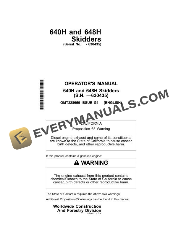 John Deere 640H 648H Skidder Operator Manual OMT228656