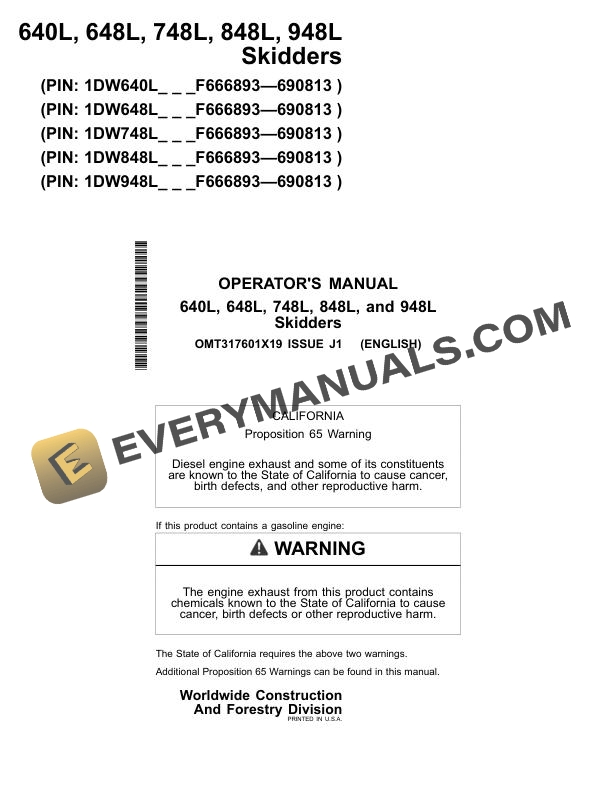 John Deere 640L, 648L, 748L, 848L, 948L Skidder Operator Manual OMT317601X19
