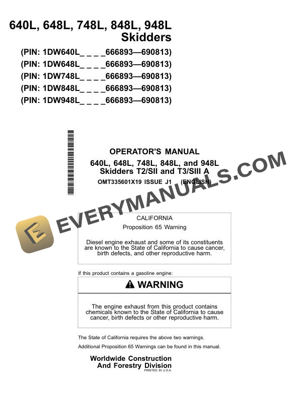 John Deere 640L 648L 748L 848L 948L Skidder Operator Manual OMT335601X19