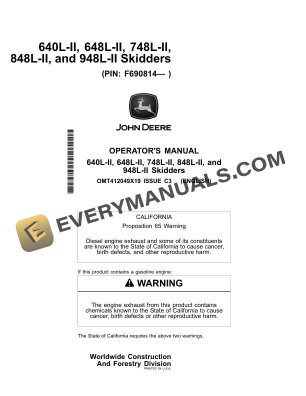 John Deere 640L II 648L II 748L II 848L II 948L II Skidder Operator Manual OMT412049X19