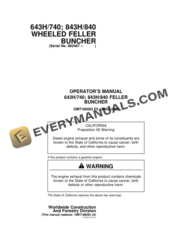 John Deere 643H, 740 and 843H, 840 Wheeled Feller Buncher Operator Manual OMT186093