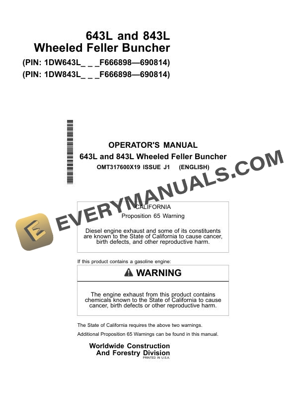 John Deere 643L 843L Wheeled Feller Buncher Operator Manual OMT317600X19