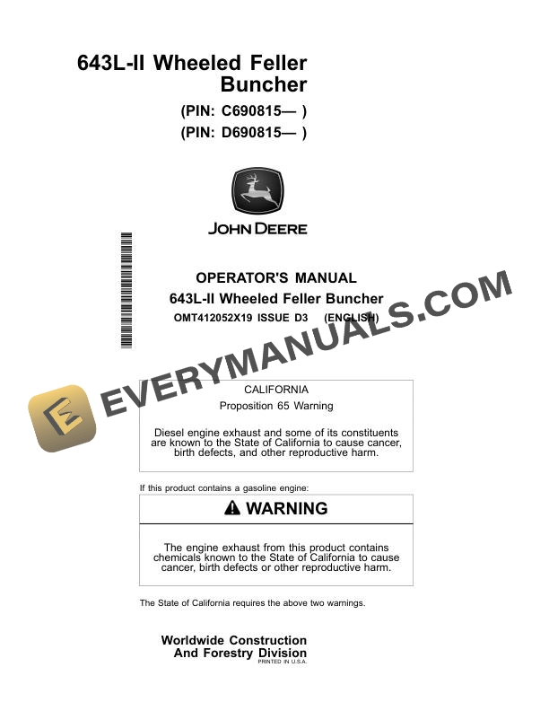 John Deere 643L II Wheeled Feller Buncher Operator Manual OMT412052X19