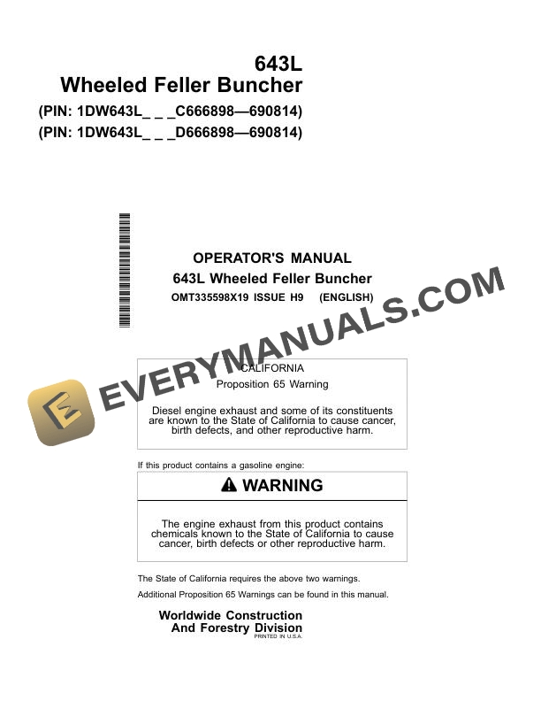 John Deere 643L Wheeled Feller Buncher Operator Manual OMT335598X19