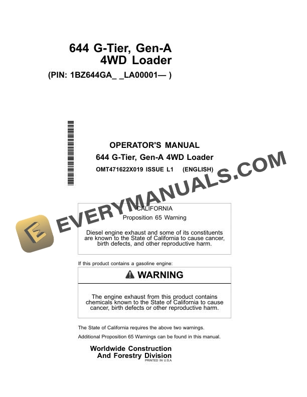 John Deere 644 G-Tier, Gen-A 4WD Loader Operator Manual OMT471622X019 1 John Deere 644 G Tier Gen A 4WD Loader Operator Manual OMT471622X019