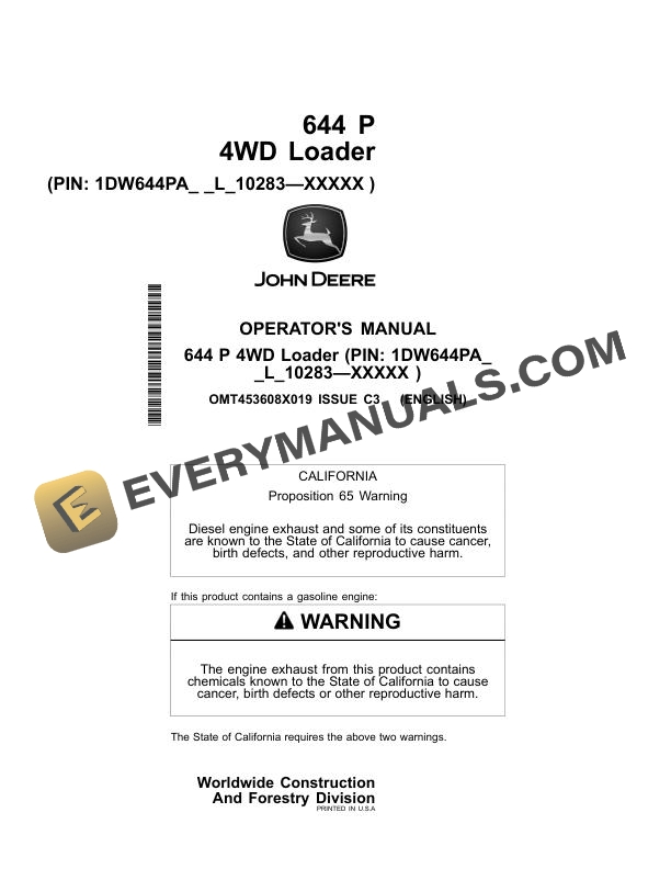 John Deere 644 P 4WD Loader Operator Manual OMT453608X019