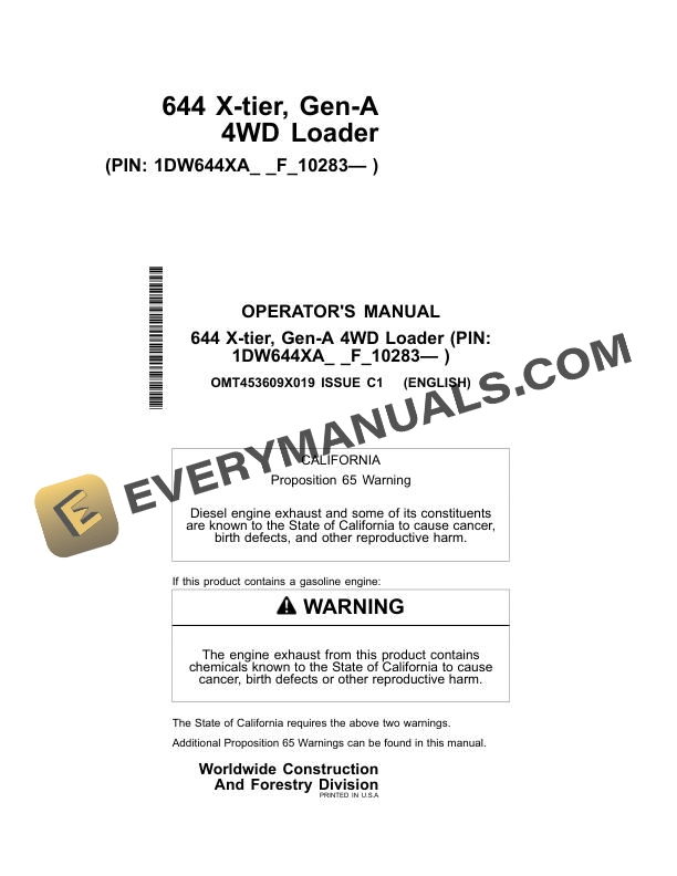 John Deere 644 X-tier, Gen-A 4WD Loader Operator Manual OMT453609X019