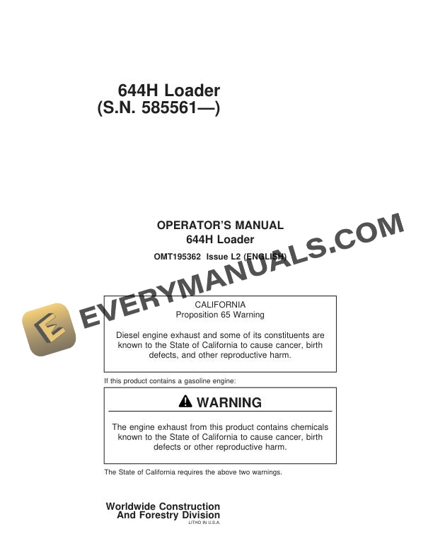John Deere 644H Loader Operator Manual OMT195362