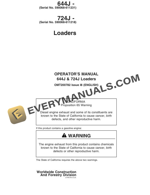 John Deere 644J 724J Loader Operator Manual OMT200782