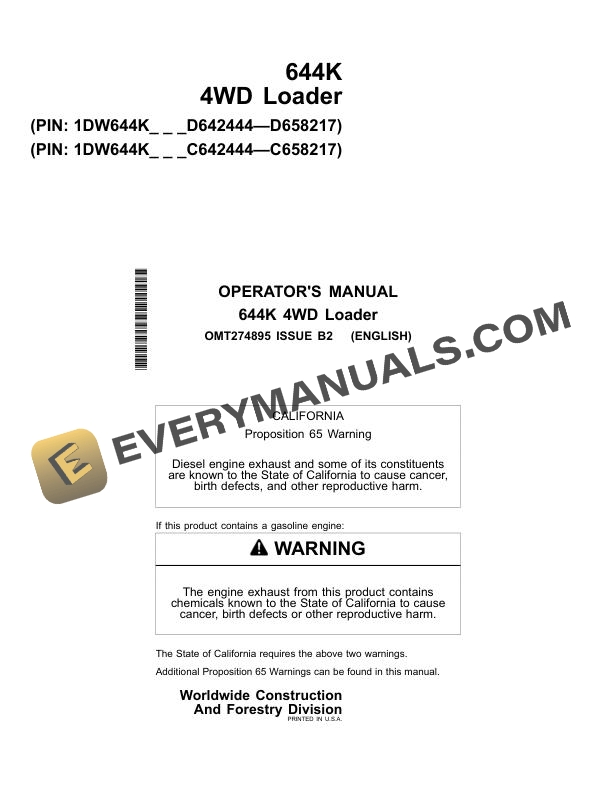 John Deere 644K 4WD Loader Operator Manual OMT274895 3 John Deere 644K 4WD Loader Operator Manual OMT274895