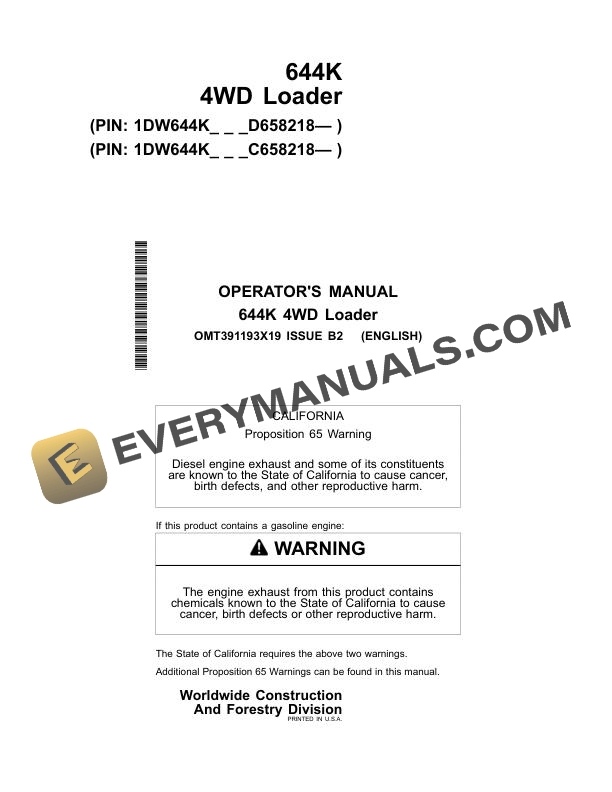 John Deere 644K 4WD Loader Operator Manual OMT391193X19 2 John Deere 644K 4WD Loader Operator Manual OMT391193X19