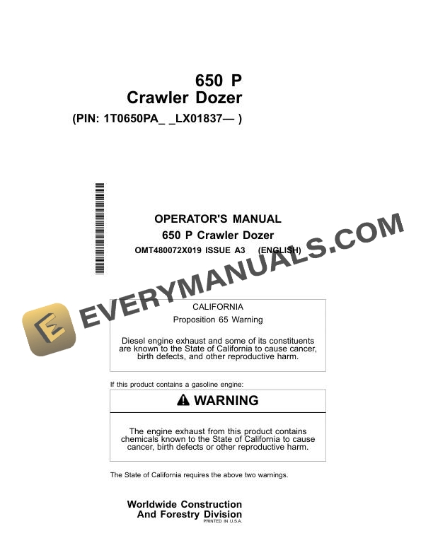 John Deere 650 P Crawler Dozer Operator Manual OMT480072X019