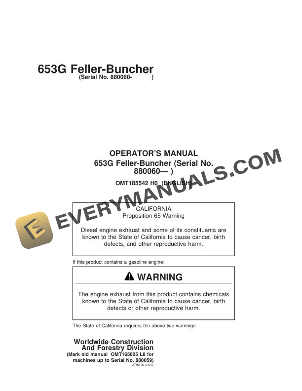 John Deere 653G Feller Buncher Operator Manual OMT185542