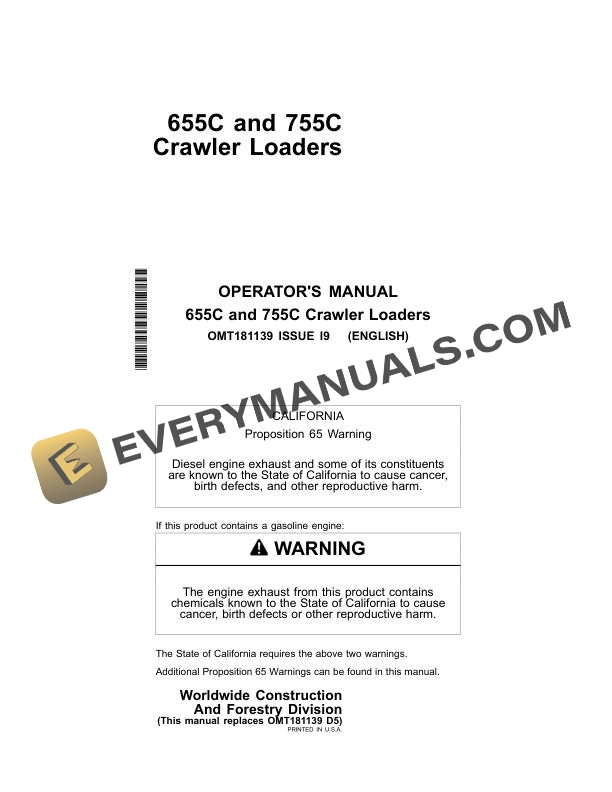 John Deere 655C, 755C Crawler Loader Operator Manual OMT181139 2 John Deere 655C 755C Crawler Loader Operator Manual OMT181139