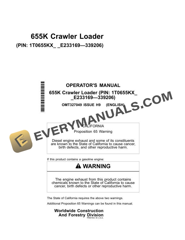 John Deere 655K Crawler Loader Operator Manual OMT327049