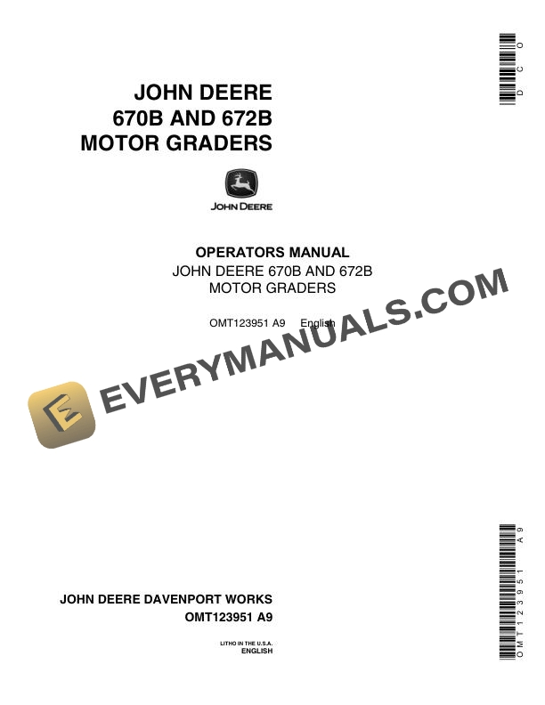 John Deere 670B 672B Motor Grader Operator Manual OMT123951