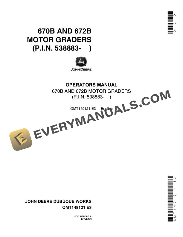 John Deere 670B, 672B Motor Grader Operator Manual OMT149121