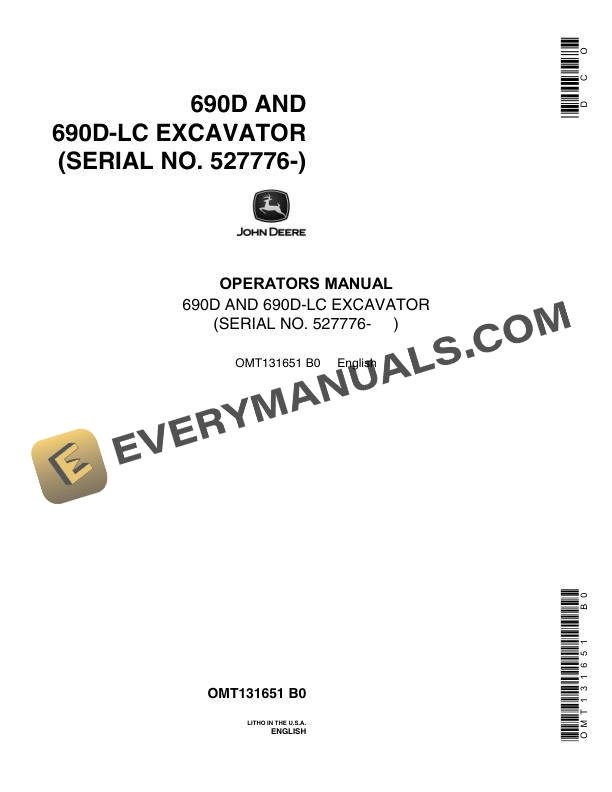 John Deere 690D 690D LC Excavator Operator Manual OMT131651
