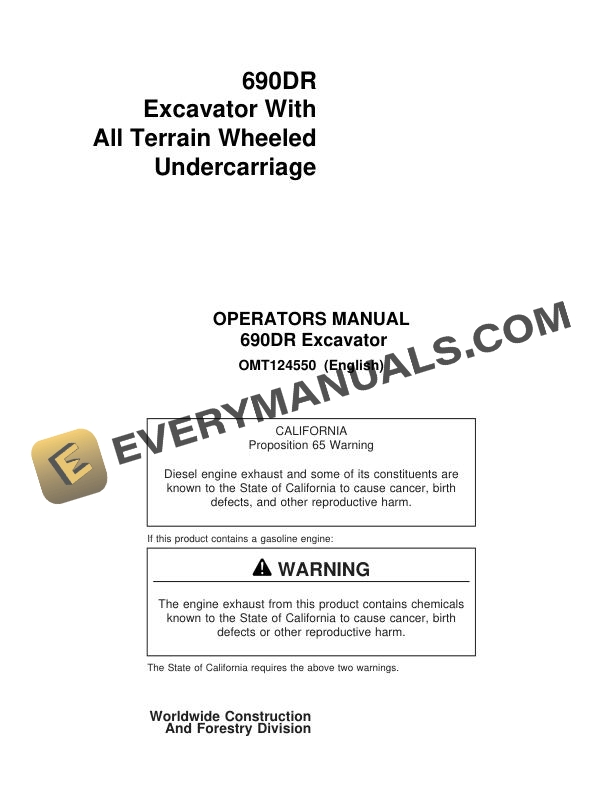 John Deere 690DR Excavator Operator Manual OMT124550