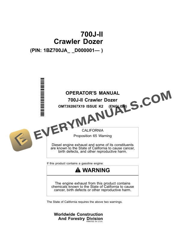 John Deere 700J-II Crawler Dozer Operator Manual OMT392867X19