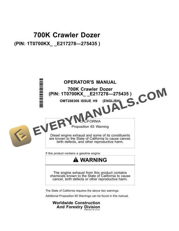 John Deere 700K Crawler Dozer Operator Manual OMT288306 2 John Deere 700K Crawler Dozer Operator Manual OMT288306