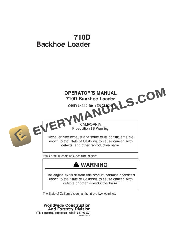 John Deere 710D Backhoe Loader Operator Manual OMT164842