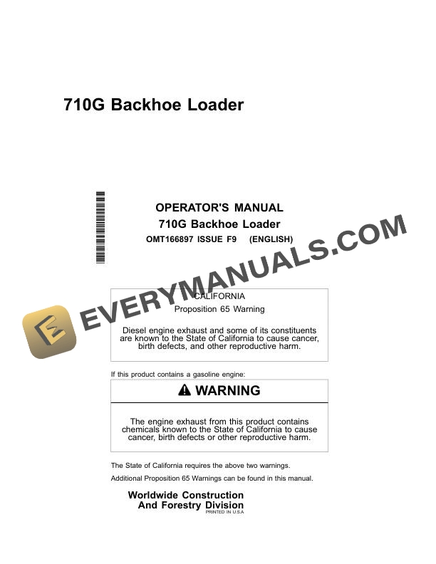 John Deere 710G Backhoe Loader Operator Manual OMT166897