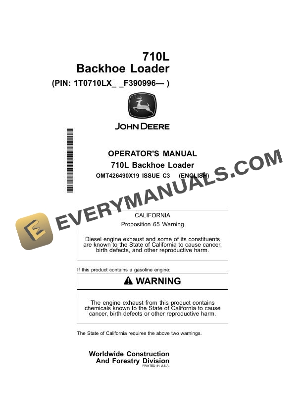 John Deere 710L Backhoe Loader Operator Manual OMT426490X19