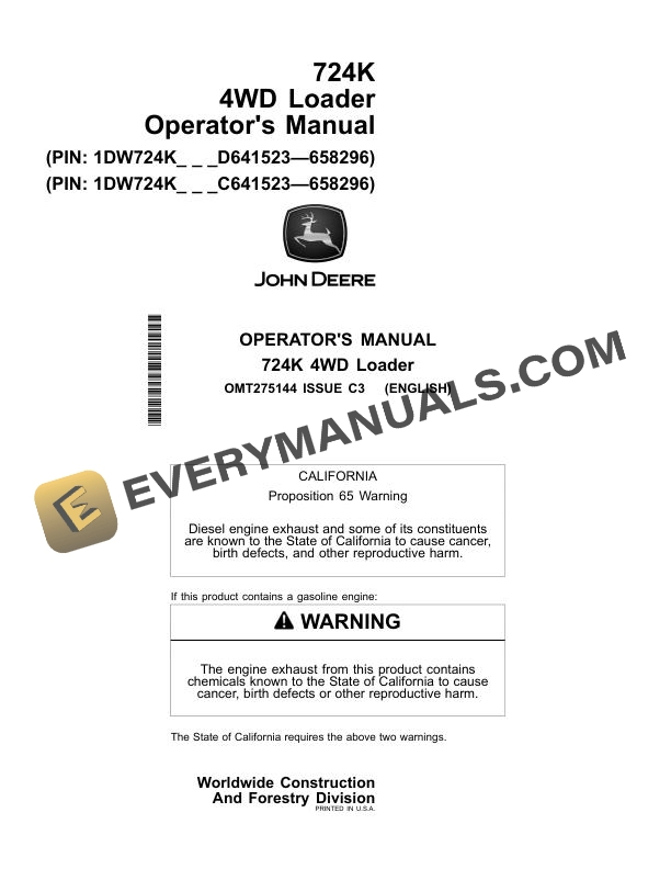 John Deere 724K 4WD Loader Operator Manual OMT275144 3 John Deere 724K 4WD Loader Operator Manual OMT275144