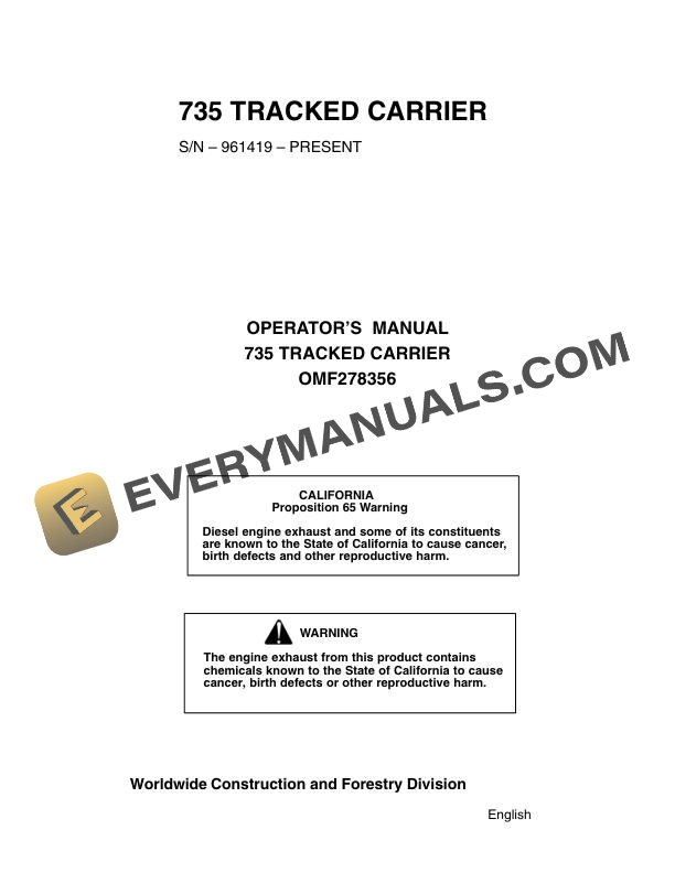 John Deere 735 Tracked Carrier Operator Manual OMF278356