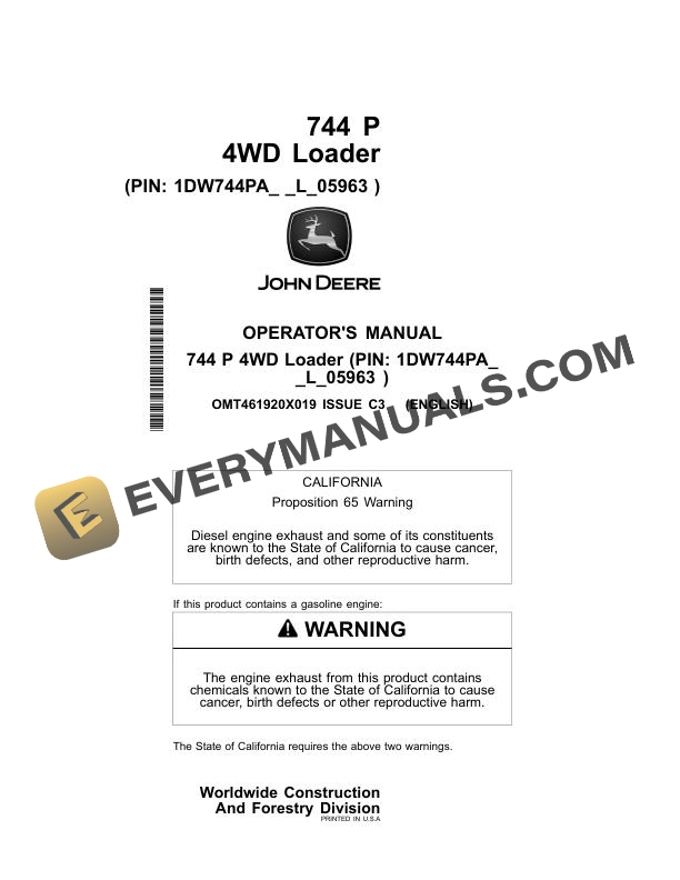 John Deere 744 P 4WD Loader Operator Manual OMT461920X019