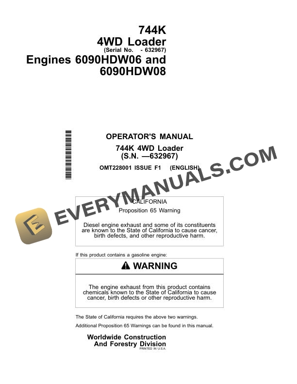 John Deere 744K 4WD Loader Operator Manual OMT228001 1 John Deere 744K 4WD Loader Operator Manual OMT228001
