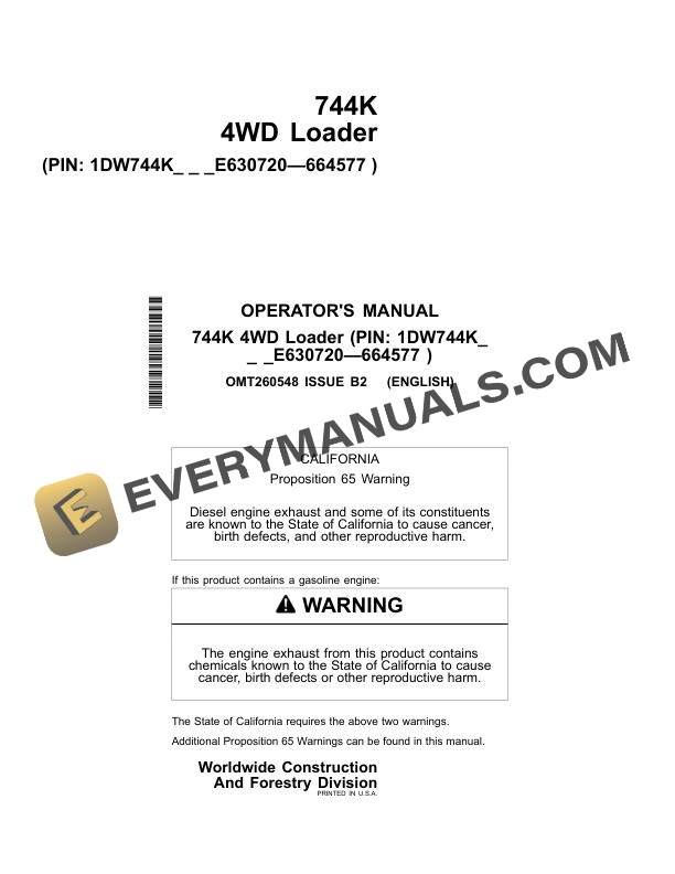 John Deere 744K 4WD Loader Operator Manual OMT260548 1 John Deere 744K 4WD Loader Operator Manual OMT260548