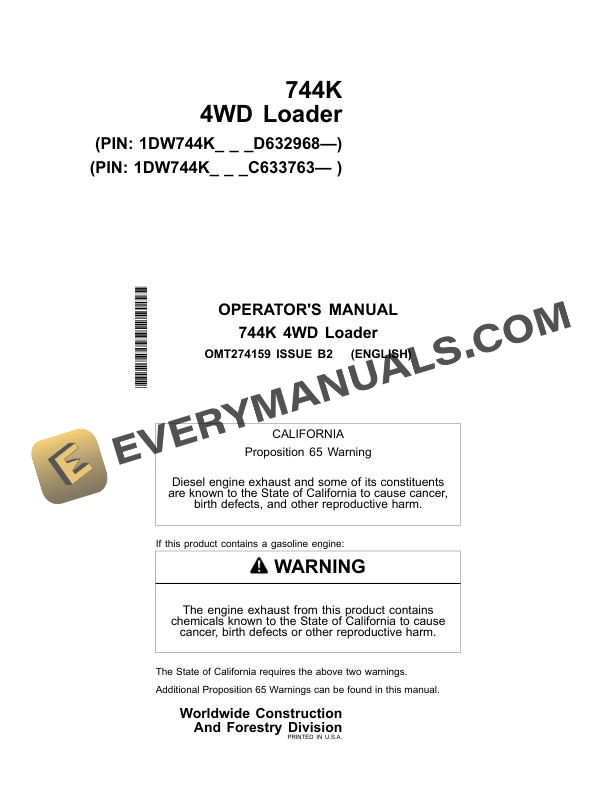 John Deere 744K 4WD Loader Operator Manual OMT274159