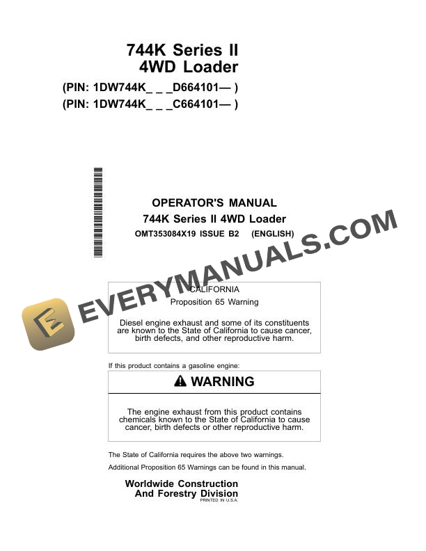 John Deere 744K Series II 4WD Loader Operator Manual OMT353084X19 1 John Deere 744K Series II 4WD Loader Operator Manual OMT353084X19