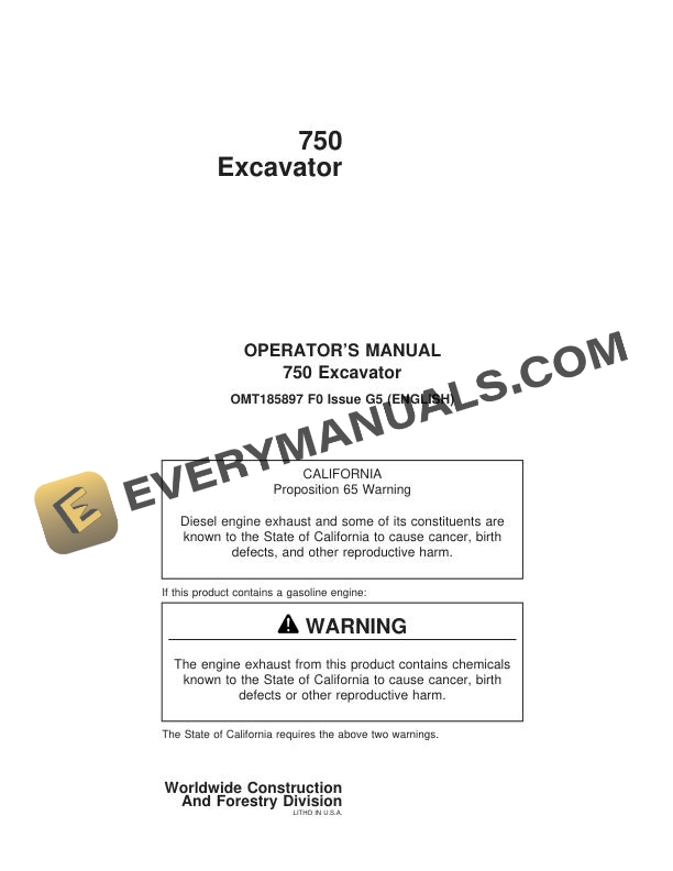 John Deere 750 Excavator Operator Manual OMT185897