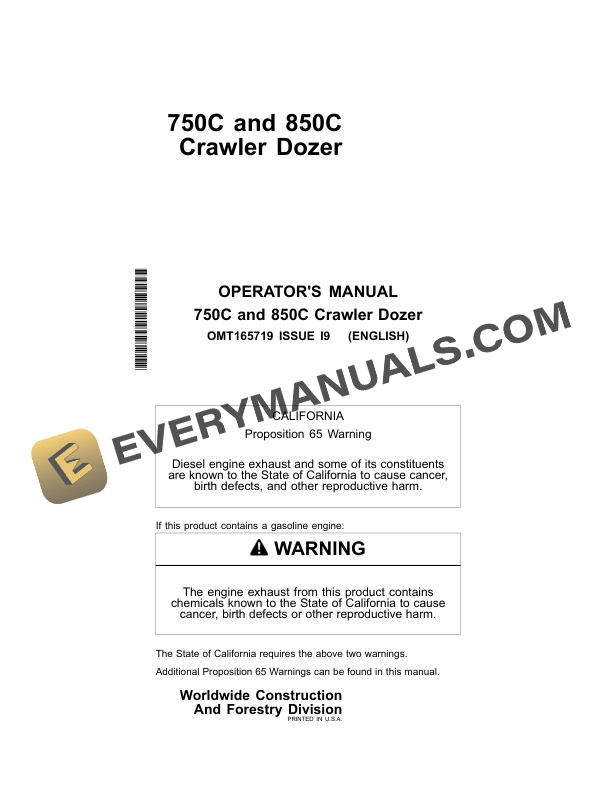 John Deere 750C 850C Crawler Dozer Operator Manual OMT165719